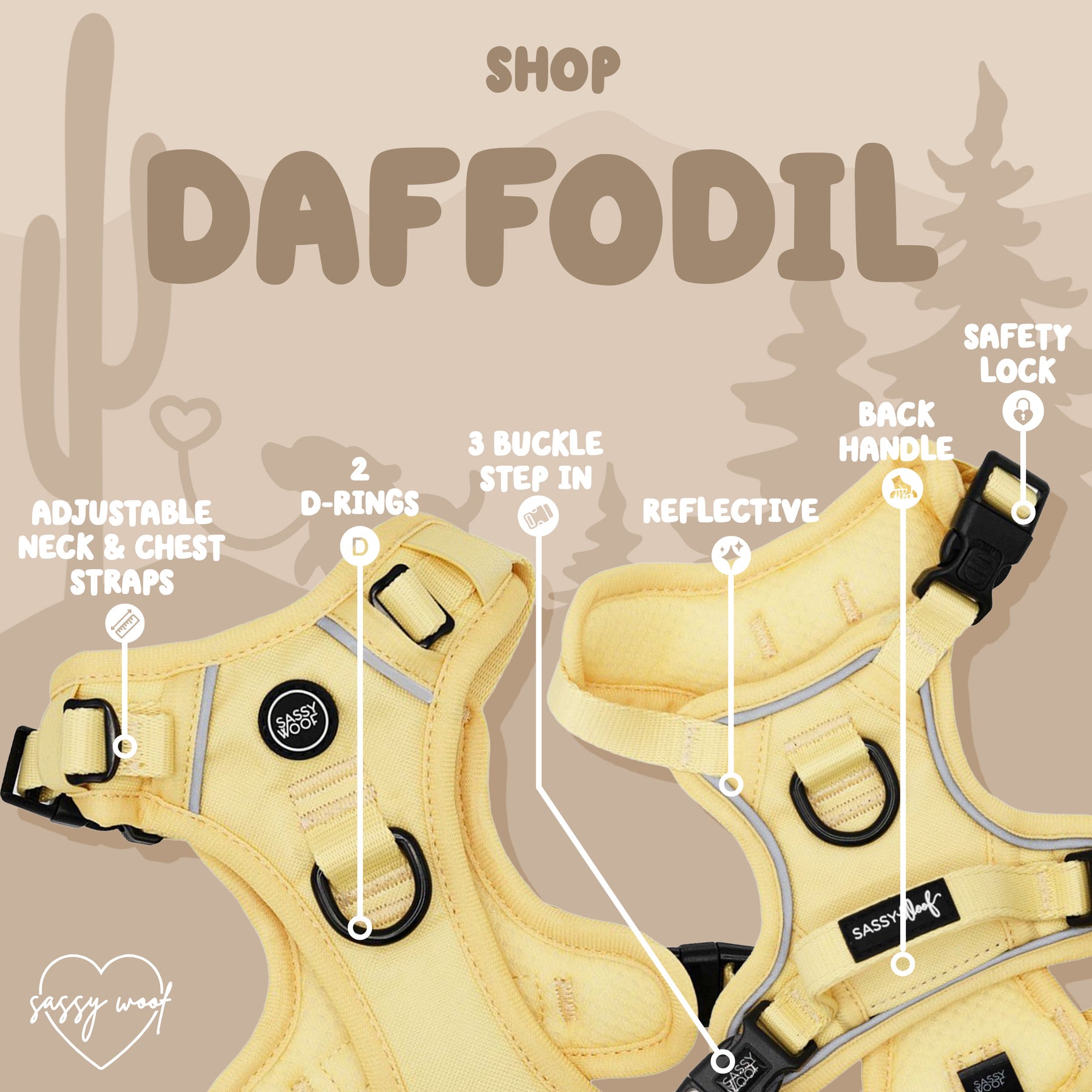 The Sassy Woof Dog Two Piece Bundle - Daffodil includes a yellow harness with adjustable neck/chest straps, two leash D-rings, triple-buckle step-in design, reflective material, back handle, safety lock, and highlighted labeled parts.