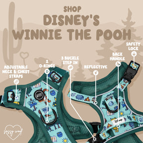 Graphic for Sassy Woof's Dog Step-in Harness – Disney's Winnie the Pooh. Highlights adjustable neck/chest straps, 2 D-rings, 3 buckle step-in design, reflective material, back handle, and safety lock.