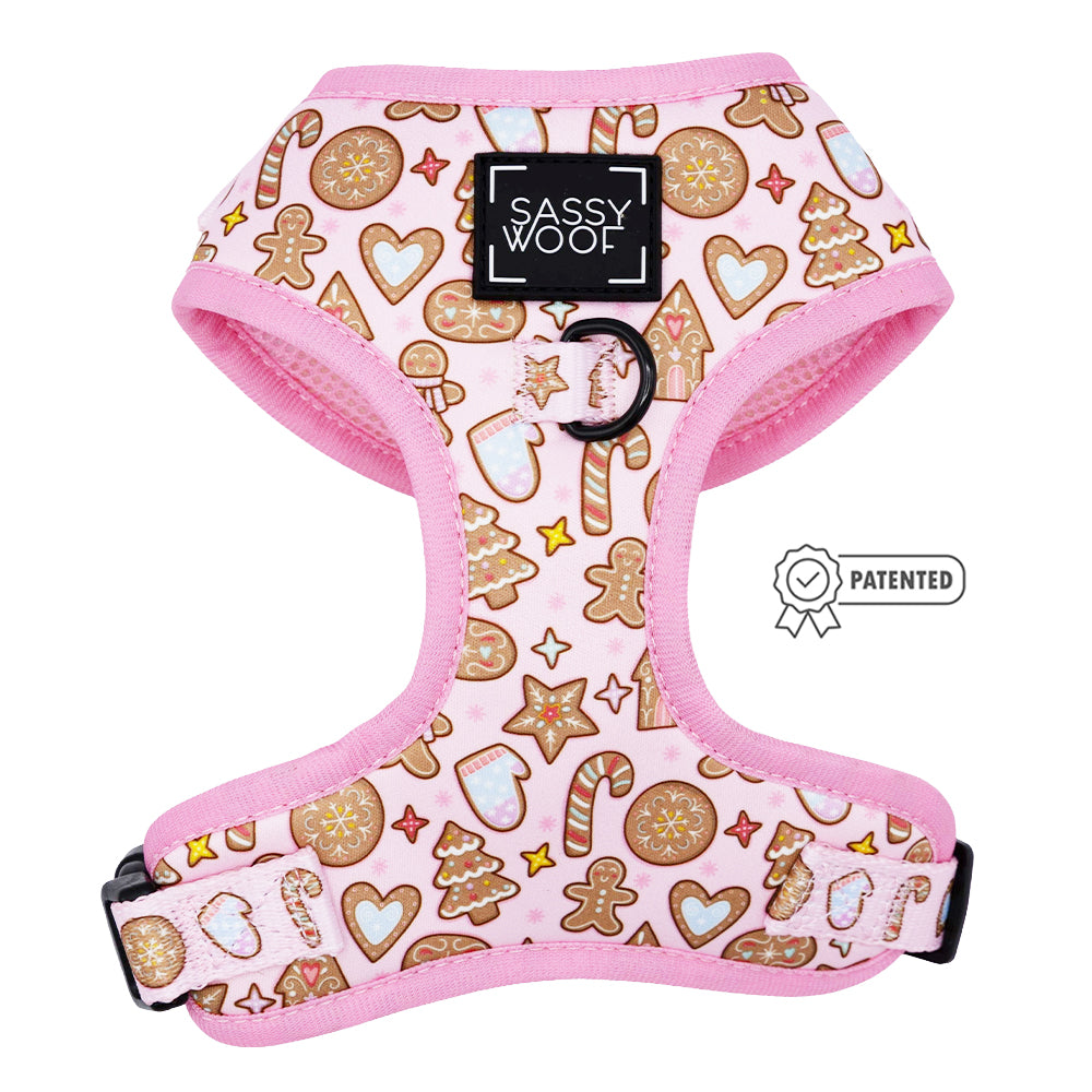The Dog Adjustable Harness - Dough My Goodness by Sassy Woof features a cute pink cookie print, blending charm and comfort for pups with a sweet side—perfect for every walk.