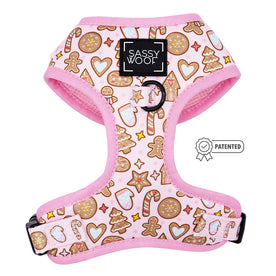 The Dog Adjustable Harness - Dough My Goodness by Sassy Woof features a cute pink cookie print, blending charm and comfort for pups with a sweet side—perfect for every walk.