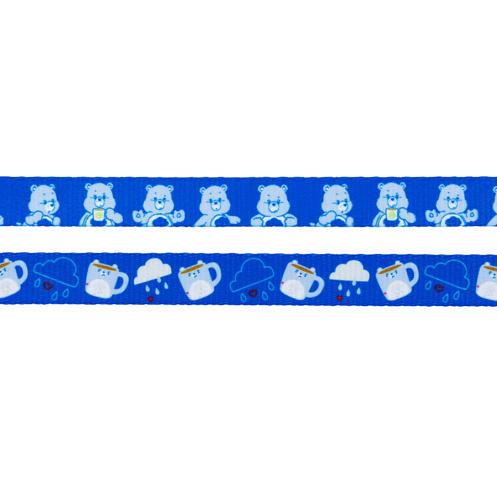 The Sassy Woof Collar Three Piece Bundle - Care Bears™ Grumpy Bear includes blue ribbons with light blue cartoon bear faces and playful clouds, bears in mugs, raindrops, and ladybugs—ideal for Grumpy Bear pet accessories.