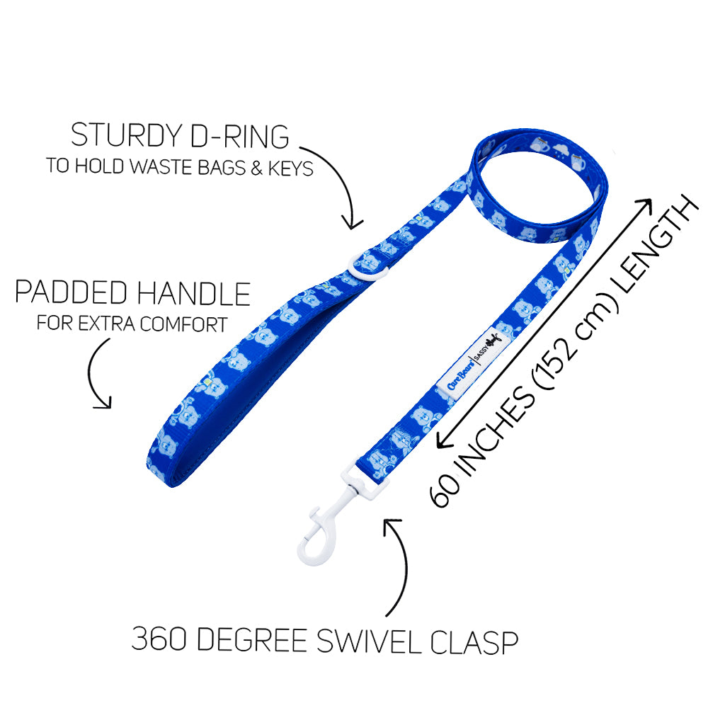 The Sassy Woof Dog Two Piece Bundle - Care Bears™ Grumpy Bear features a blue paw print leash with padded handle, sturdy D-ring, 360° swivel clasp, and 60" length. Pairs perfectly with the Grumpy Bear harness for extra style and comfort.