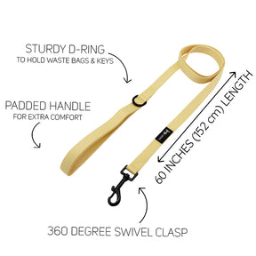The Sassy Woof Dog Leash - Daffodil features a yellow design, soft neoprene handle, sturdy D-ring for keys or bags, 360° swivel clasp, and is labeled as 60 inches (152 cm) long. Features are shown with arrows. Matches any adjustable harness.