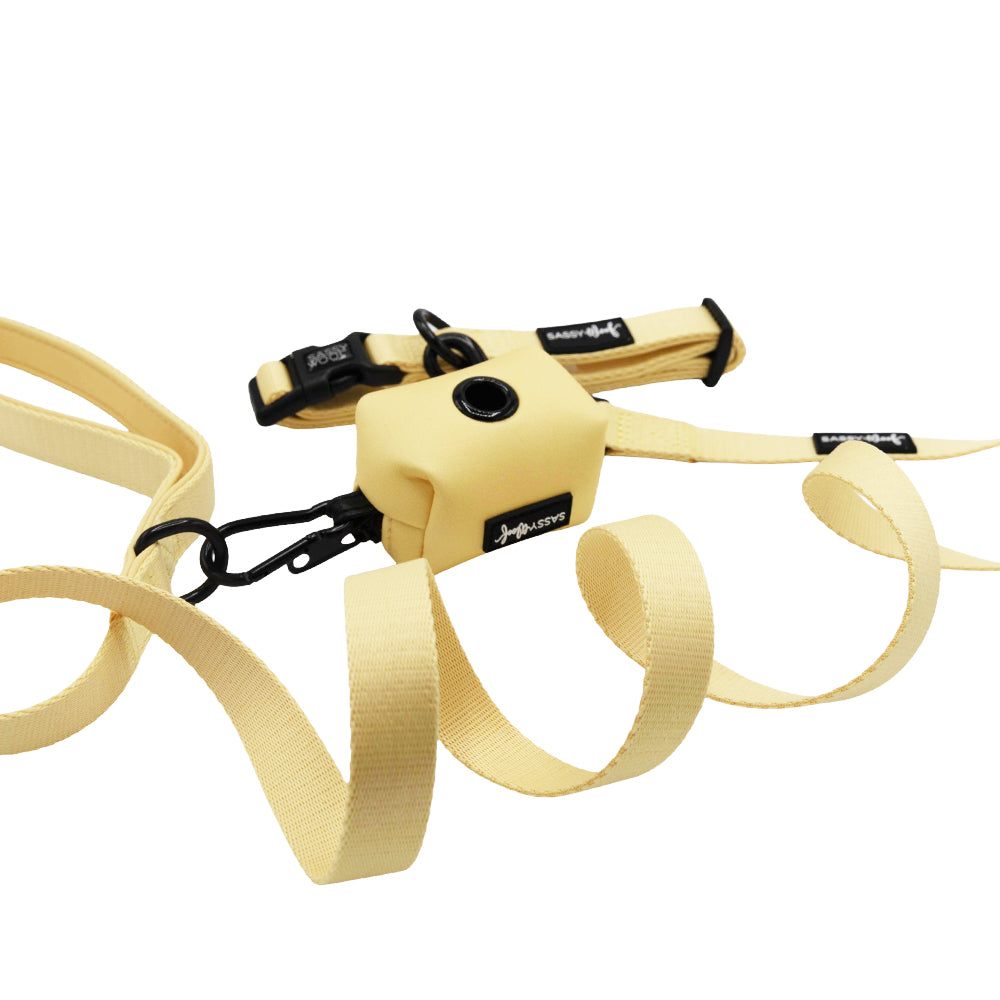 The Sassy Woof Dog Three Piece Bundle - Daffodil includes a cream dog leash, matching collar, and small waste bag dispenser with black button and clip, shown on a white background.