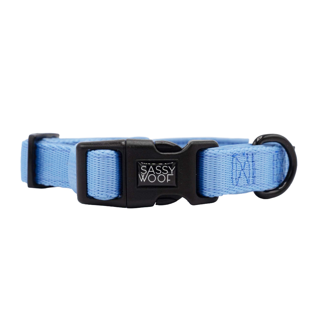 The Sassy Woof Dog Three Piece Bundle - Hydrangea includes a pastel light blue collar with a black plastic Sassy Woof buckle and metal ring, pairing perfectly with the floral leash from the Hydrangea collection.