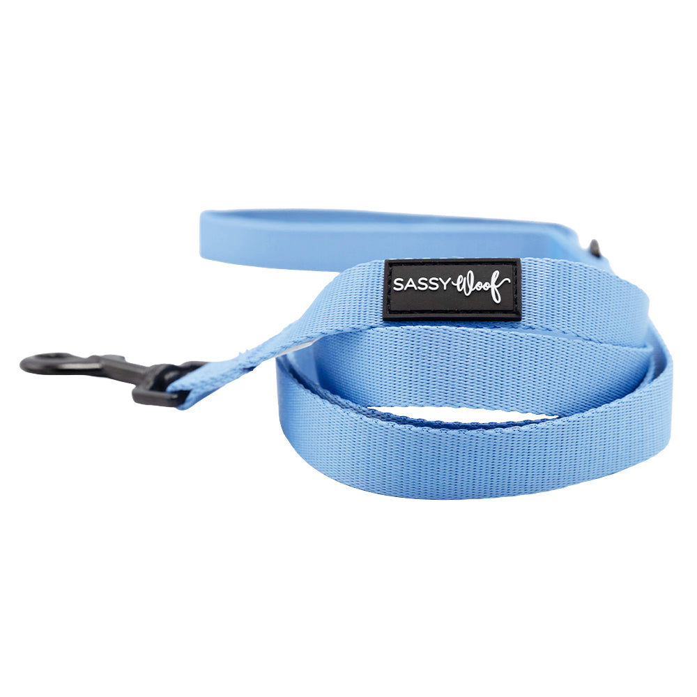 A light blue Dog Three Piece Bundle - Hydrangea by Sassy Woof, featuring a black metal clip and a black Sassy Woof patch in white text, neatly coiled against a white background.