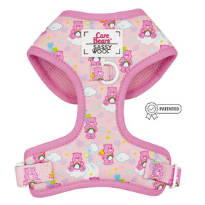 The Sassy Woof Dog Four Piece Bundle - Care Bears™ Cheer Bear features a pink adjustable harness with rainbow, cloud, and heart designs plus a patented symbol—perfect for pups on the Puppy Growth Pawtection Plan.
