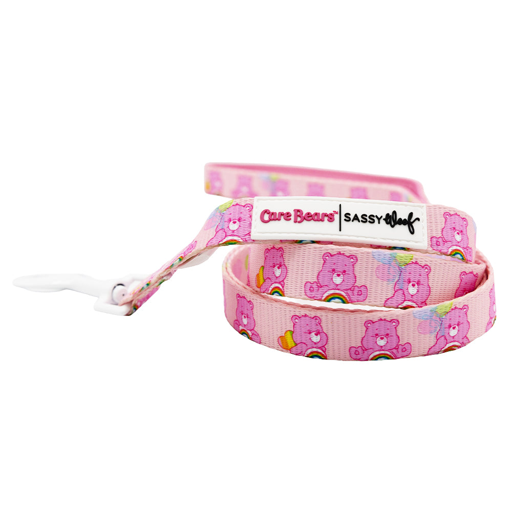 The Dog Four Piece Bundle - Care Bears™ Cheer Bear by Sassy Woof features a pink lanyard with Care Bears, rainbows, and hearts—perfect to match your favorite Care Bears or adjustable dog harness.