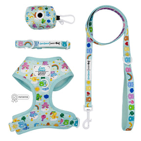 The Sassy Woof Dog Four Piece Bundle - Care Bears™ Care-a Lot features an adjustable harness, collar, leash, and waste bag holder with colorful Care Bears designs—perfect for pups on the Puppy Growth Pawtection Plan!.