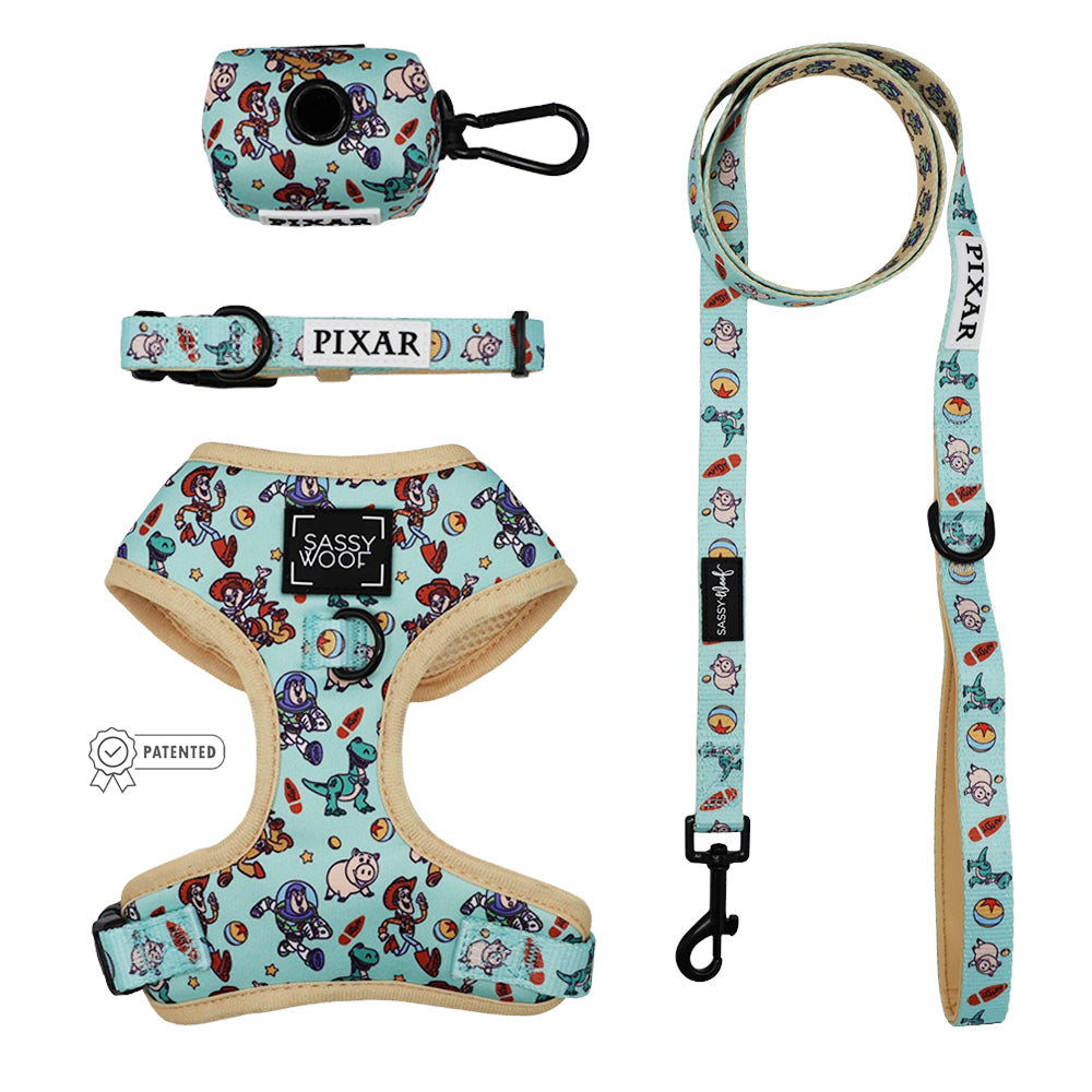 The Sassy Woof Dog Four Piece Bundle - Disney and Pixar's Toy Story features a light blue adjustable harness set with a harness, leash, collar, and waste bag holder adorned with colorful Pixar characters and a Sassy Woof label on the front.