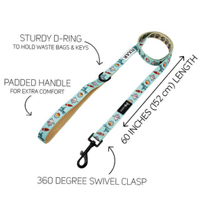 The Sassy Woof Dog Two Piece Bundle - Disney and Pixar's Toy Story features a light blue 60" leash with fun cartoon graphics, sturdy D-ring, padded handle for comfort, and a 360-degree swivel clasp. Labels highlight each feature.