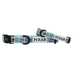 The Dog Collar - Disney and Pixar's Up by Sassy Woof features a light blue design with Pixar characters and icons, a Pixar logo tag, black plastic buckle, adjustable strap, and pairs perfectly with your favorite Disney dog harness.