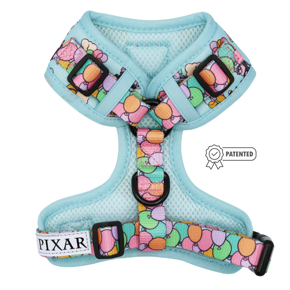 The Sassy Woof Dog Adjustable Harness – Disney and Pixar's Up features pastel balloon designs on light blue, a PIXAR label, and a patented badge icon on the right.