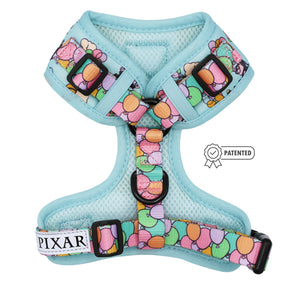 The Sassy Woof Dog Adjustable Harness – Disney and Pixar's Up features pastel balloon designs on light blue, a PIXAR label, and a patented badge icon on the right.