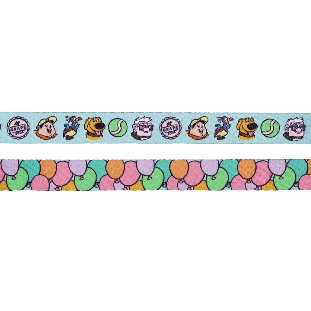 The Sassy Woof Collar Three Piece Bundle – Disney and Pixar's Up features one strip with dog, bird, cartoon faces, tennis balls & badges, plus another with colorful balloons on teal—perfect for Disney Pixar pet accessories.