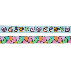 The Sassy Woof Collar Three Piece Bundle – Disney and Pixar's Up features one strip with dog, bird, cartoon faces, tennis balls & badges, plus another with colorful balloons on teal—perfect for Disney Pixar pet accessories.