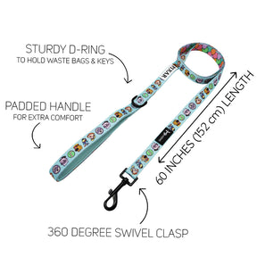 The Sassy Woof Dog Two Piece Bundle – Disney and Pixar’s Up features a 60-inch colorful dog leash with cartoon faces, Pixar vibes, padded handle, sturdy D-ring for keys or bags, and 360° swivel clasp. Labels and arrows highlight each feature.