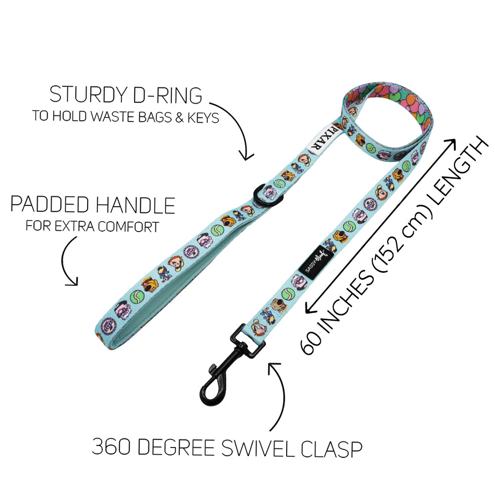 The Collar Three Piece Bundle - Disney and Pixar's Up by Sassy Woof features playful designs, a sturdy D-ring, padded handle, 60-inch length, and 360° swivel clasp—combining comfort and practicality for daily walks.