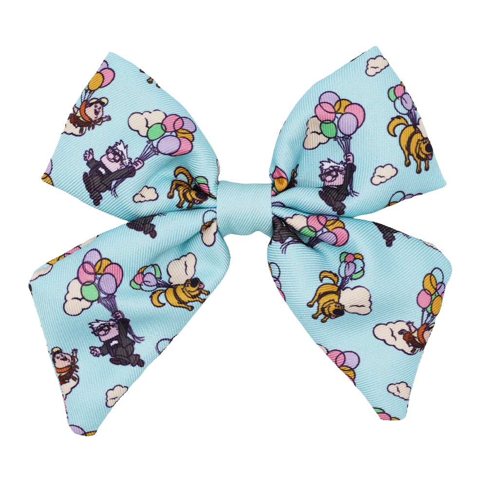 The Sassy Woof Dog Sailor Bow - Disney and Pixar's Up features light blue fabric decorated with raccoons, bees, and dogs holding pastel balloons among clouds. It’s adjustable and designed to fit your dog's collar.