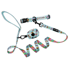 Light blue Sassy Woof Collar Three Piece Bundle – Disney and Pixar's Up, includes a dog collar, leash, and waste bag holder with colorful character faces, balloon pattern, Pixar logo tag, and black clip—ideal for Up fans!.