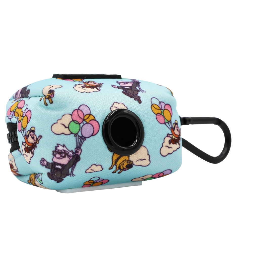 The Sassy Woof Dog Waste Bag Holder - Disney and Pixar's Up features a light blue design with cartoon gorillas and dogs holding colorful balloons, floating among clouds, inspired by Disney Up dog accessories.
