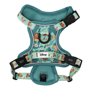 Introducing the Dog Step-in Harness - Disney’s The Lion King Wild Kingdom by Sassy Woof—a teal harness adorned with beloved characters and vivid floral designs from Disney’s The Lion King. Featuring adjustable straps, sturdy black plastic buckles, and signature Sassy Woof and Disney labels on the front, this harness blends playful style with everyday comfort for your pup.