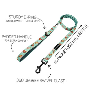 Introducing the Sassy Woof Dog Two Piece Bundle – Disney’s The Lion King Wild Kingdom! This light blue leash, adorned with playful cartoon dogs, features a padded handle for comfort, a sturdy D-ring for attaching bags or keys, and a 360-degree swivel clasp. Measuring 60 inches (152 cm) in length, it’s designed to perfectly complement your Lion King or any Disney dog harness while combining fun style with practical comfort.