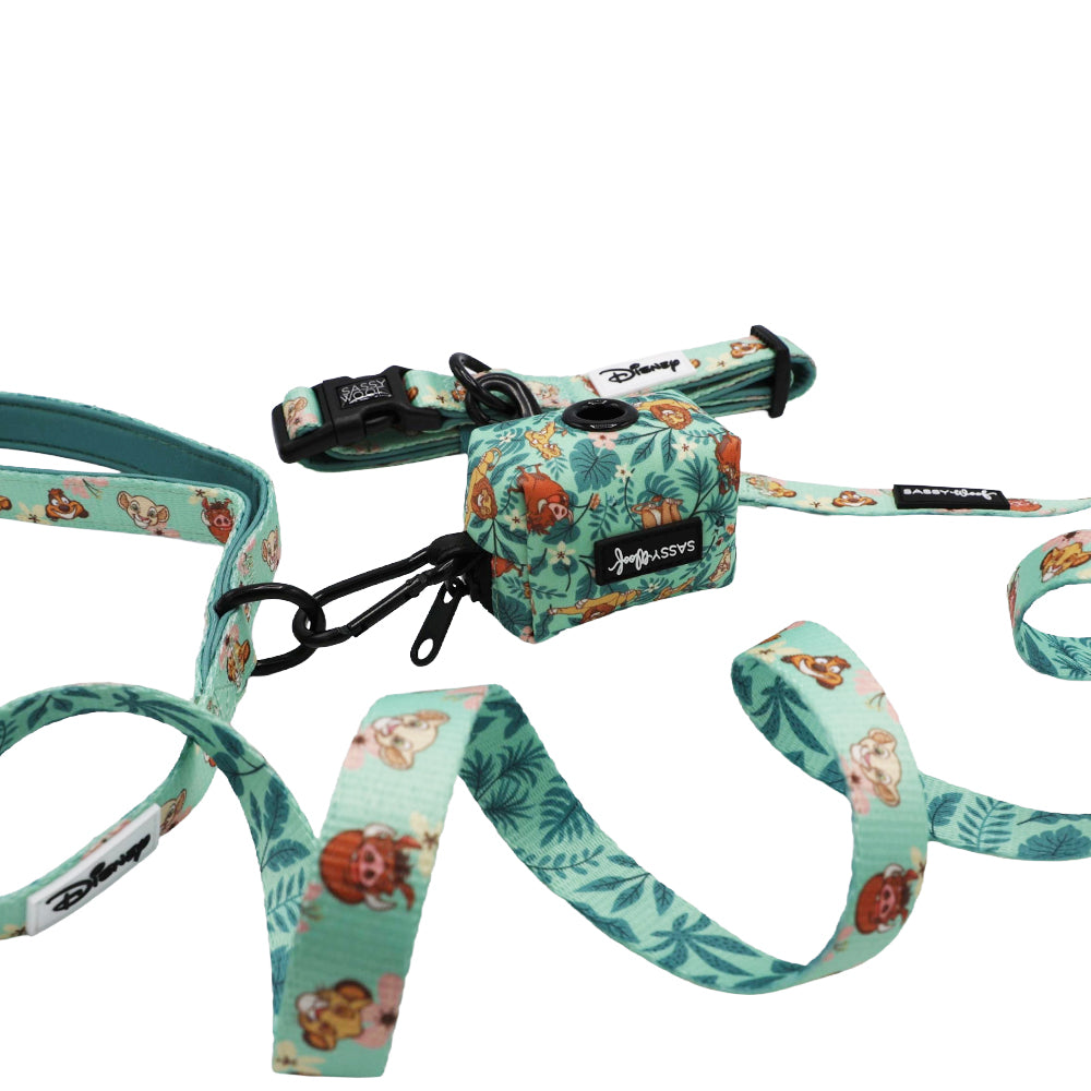 Introducing the Dog Collar Three Piece Bundle - Disney’s The Lion King Wild Kingdom from Sassy Woof. This mint green set features enchanting character illustrations and leaf patterns on high-quality materials, making it a must-have addition to your Disney dog accessories collection. Complete with a matching poop bag holder, this charming bundle is perfect for pairing with your favorite Lion King-inspired harness or jungle-themed leash for a coordinated look straight from the wild kingdom of animated