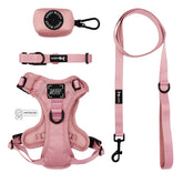 The Sassy Woof Dog Four Piece Bundle in Dusty Rose includes a harness, collar, leash, and waste bag holder with black hardware, all displayed on a white background.