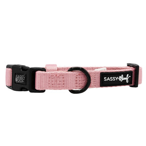 The Sassy Woof Dog Collar - Dusty Rose is a light pink neoprene collar with a black buckle, sturdy metal D-ring, and an adjustable fit. The label reads "SASSY WOOF" in white on black, combining both style and comfort for your pup.