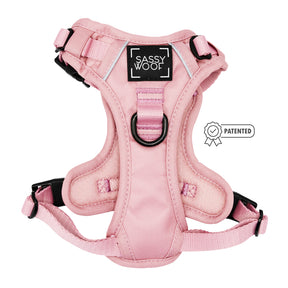The Dog Two Piece Bundle - Dusty Rose by Sassy Woof features a step-in harness with black buckles, a handle, and the “Sassy Woof” logo. Includes a patented ribbon icon and pairs perfectly with your favorite leash.