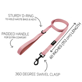 The Sassy Woof Dog Leash - Dusty Rose features a padded neoprene handle, sturdy D-ring for waste bags and keys, 360° swivel clasp, and measures 60 inches (152 cm). Features and measurements are labeled with arrows.