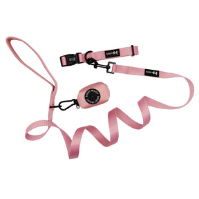 The Sassy Woof Dog Three Piece Bundle in Dusty Rose, including a matching leash, collar, and small pink waste bag holder with black clip, is displayed on a white background.