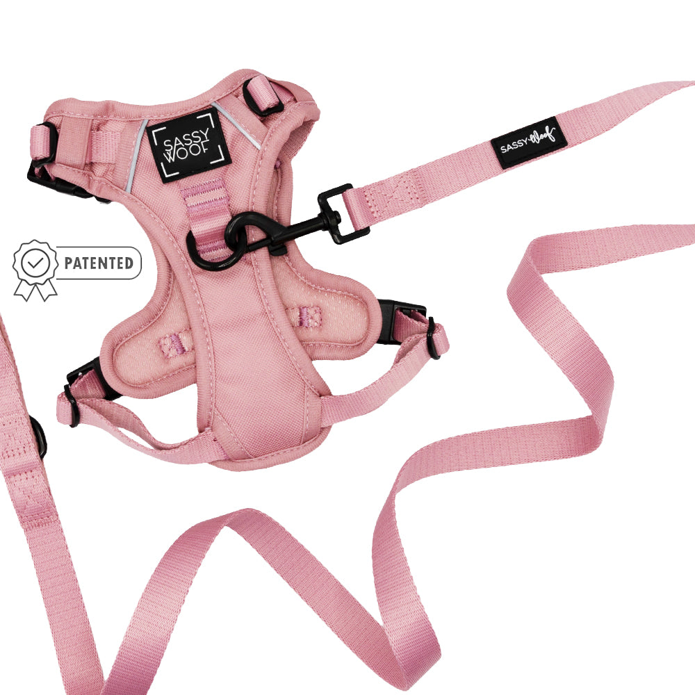 The Sassy Woof Dog Two Piece Bundle - Dusty Rose features a step-in harness and matching leash, shown on a white background with a patented badge in the corner.