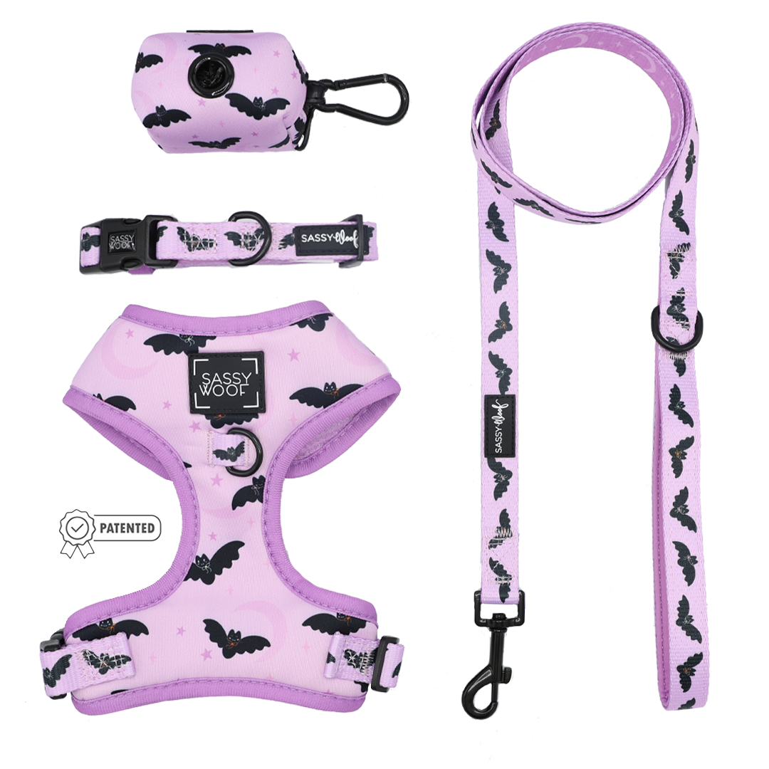 The Dog Four Piece Bundle - Lil Batty by Sassy Woof is a pink, adjustable dog harness set featuring black bat prints and purple trim. Part of the Lil Batty collection, this fall-ready ensemble includes a harness, collar, leash, and waste bag holder—all showcasing signature Sassy Woof branding.
