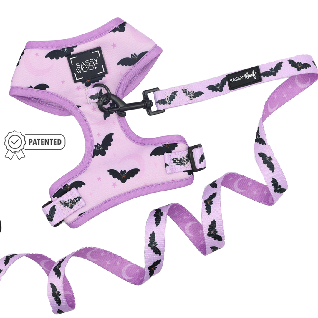 A lavender Dog Two Piece Bundle - Lil Batty from Sassy Woof, featuring an adjustable dog harness and leash set with black bat and white moon designs—perfect for a Fall dog harness. The harness includes a Sassy Woof label and displays a patented symbol on the left.