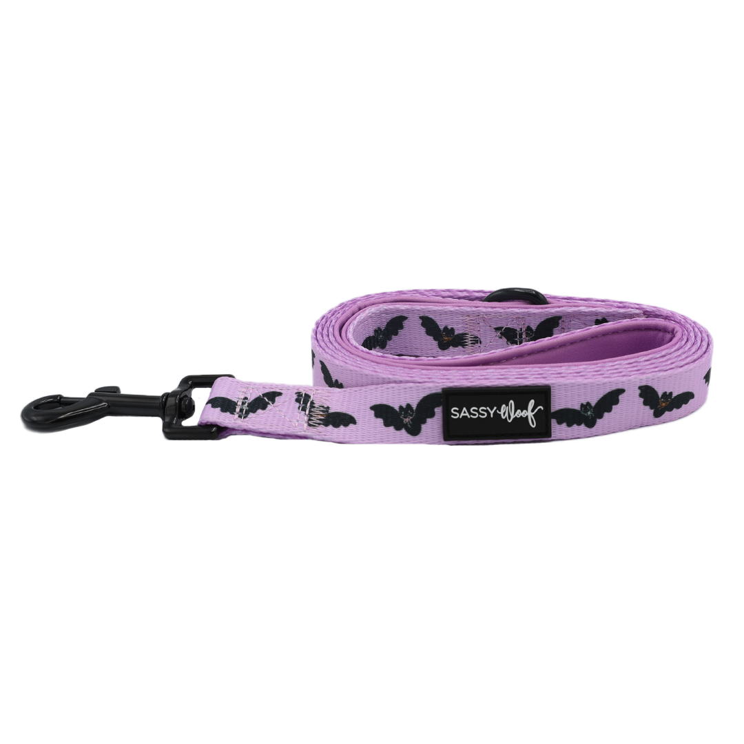 A rolled-up purple Dog Leash - Lil Batty featuring black bat prints and a sturdy metal clip, complete with a Sassy Woof label on a black fabric tag—perfect for pairing with your favorite bat dog harness from the Fall dog collection.
