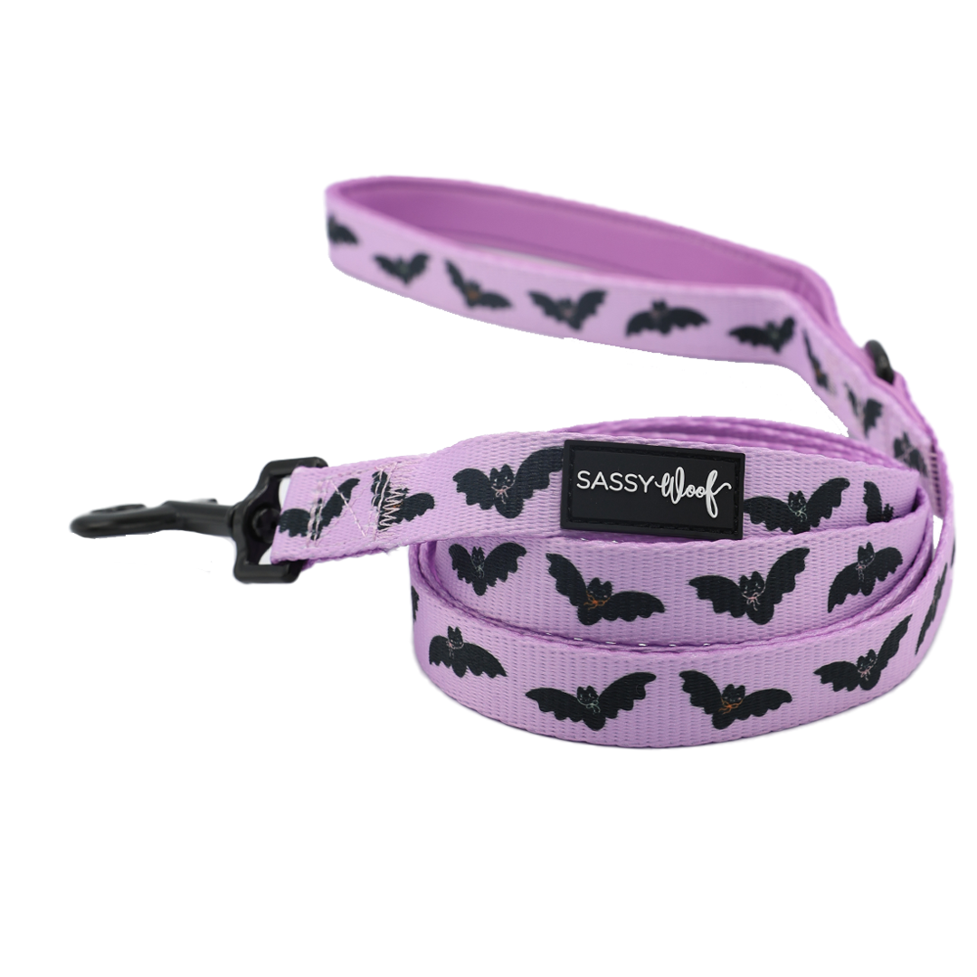 The Sassy Woof Dog Leash - Lil Batty features a vibrant purple design with a repeating black bat pattern and a signature black Sassy Woof label. Shown coiled with its sturdy metal clasp, this leash is perfect for pairing with the Fall dog collection or matching your favorite bat-themed dog harness.