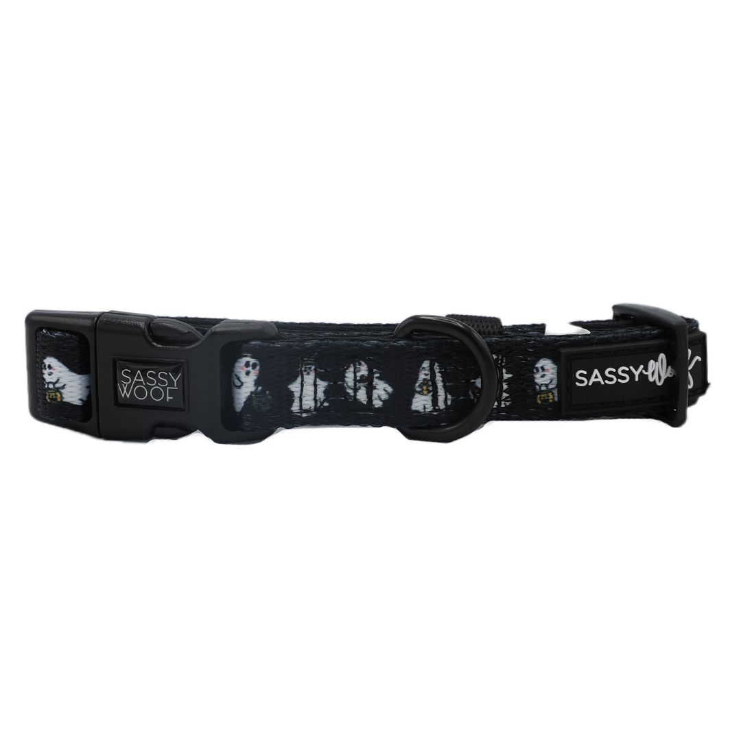 The “Dog Collar - Lil Boo Thing” by Sassy Woof is a black Halloween dog collar adorned with a playful ghost and tombstone pattern. Featuring a sturdy plastic buckle, a metal D-ring, and two Sassy Woof brand labels, this adjustable collar adds spooky style to your pup’s collection of ghost dog accessories.