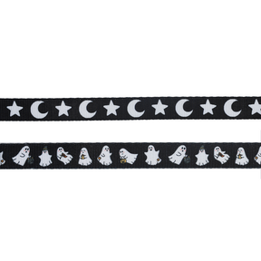 Two black ribbons: the top ribbon showcases a repeating pattern of white stars and crescent moons, while the bottom one displays small white cartoon ghosts with playful expressions—perfect for creating a spooky Halloween dog collar or accessorizing your pup with items from the Sassy Woof Dog Three Piece Bundle - Lil Boo Thing Collection.