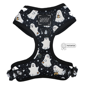 The Sassy Woof Dog Two Piece Bundle - Lil Boo Thing features a black adjustable dog harness with a festive pattern of white ghosts, stars, and small pumpkins. Part of the Lil Boo Thing Collection, this must-have Halloween dog accessory displays the Sassy Woof logo on the front and a Patented symbol to the right.
