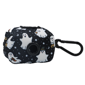 The Sassy Woof Dog Waste Bag Holder - Lil Boo Thing features a black dispenser with a convenient clip, adorned with white cartoon ghosts, stars, and moons on a dark background—perfect for pairing with your favorite Halloween dog accessories or matching your pup’s ghost dog harness.