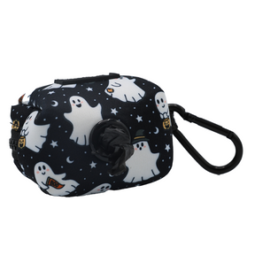 Add a spooky-cute touch to your walks with the Sassy Woof Dog Waste Bag Holder - Lil Boo Thing, featuring black fabric adorned with white cartoon ghosts, stars, and moons. Perfect for matching with your ghost-themed dog harness or trick-or-treat collar, this Halloween essential includes a convenient plastic clip for hands-free carrying and comes pre-filled with a roll of black waste bags—making it the ideal accessory for any festive outing.