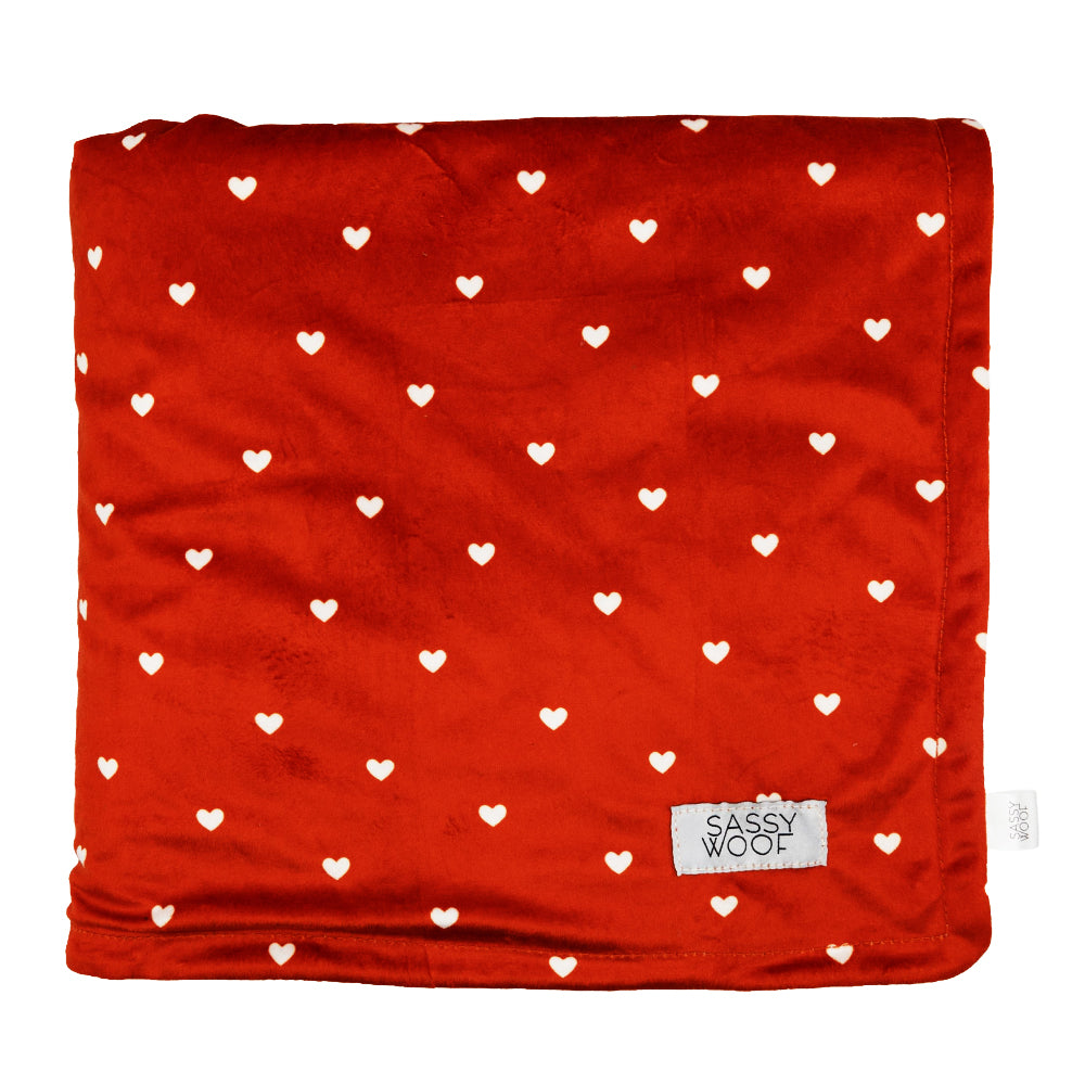 The Sassy Woof Pet Blanket - Little Love features soft red velvet with white hearts and a corner label—perfect for your pup this Valentine's season.