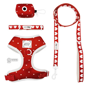 Red and white heart-patterned pet harness, leash, and collar set on a white background.