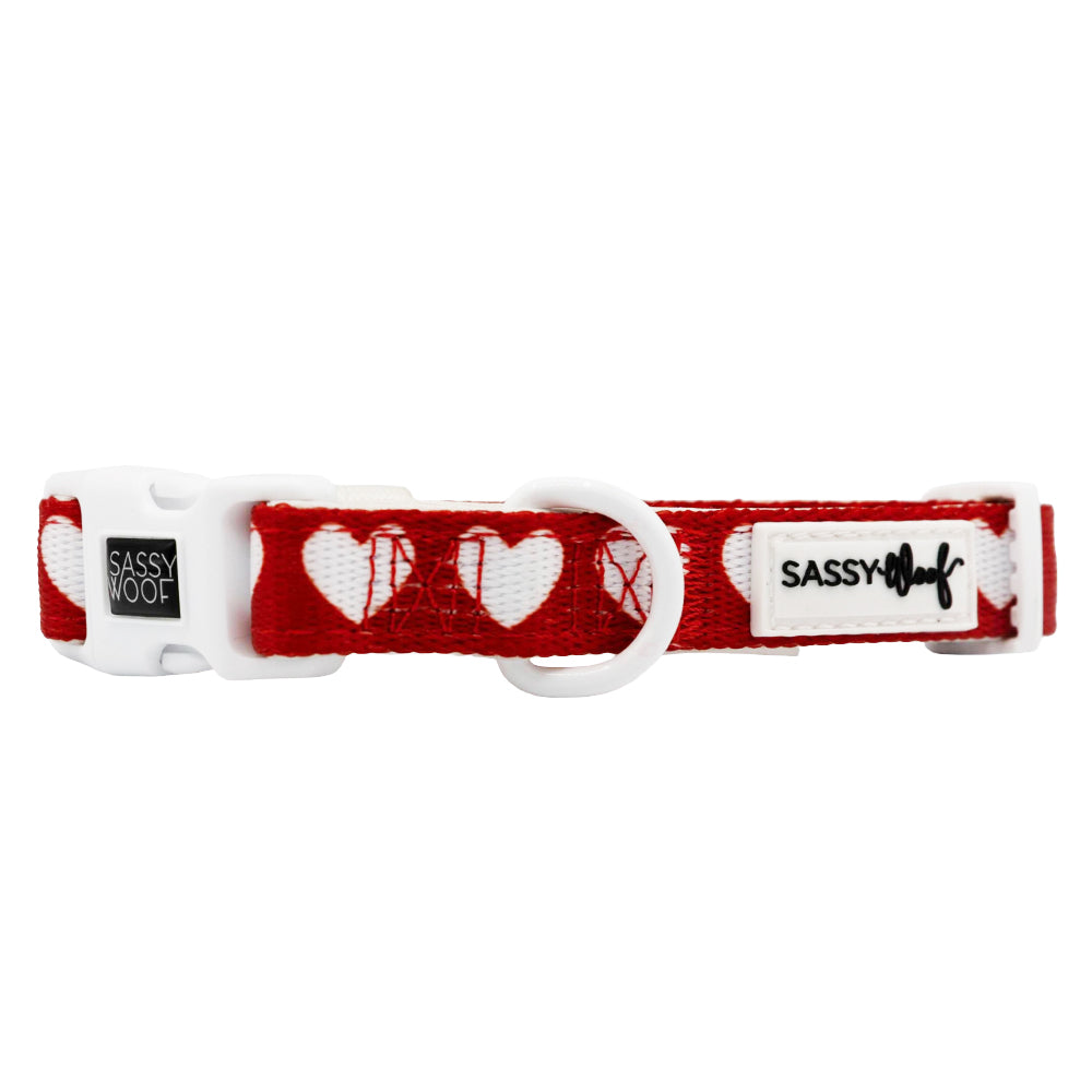 Red and white dog collar with heart patterns and 'Sassy Moof' branding on a white background