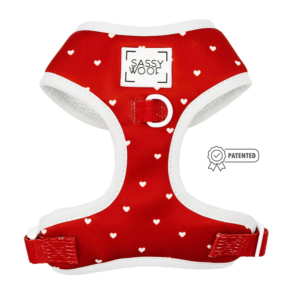 Red dog harness with white heart patterns and 'Sassy Woof' branding on a white background