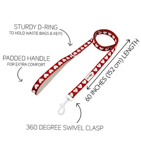 Red and white dog leash with heart pattern, labeled features on a white background
