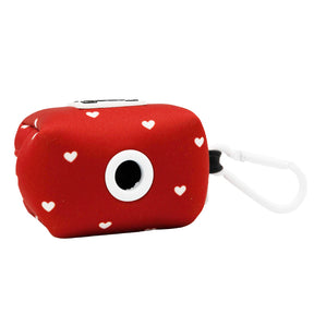 Red pouch with white heart patterns and a black eye-like design on a white background