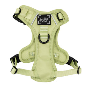 The Dog Step-in Harness - Matcha by Sassy Woof features adjustable black straps and buckles, a durable light green design, a black "SASSY WOOF" patch in white, and a central metal ring for secure leash attachment.